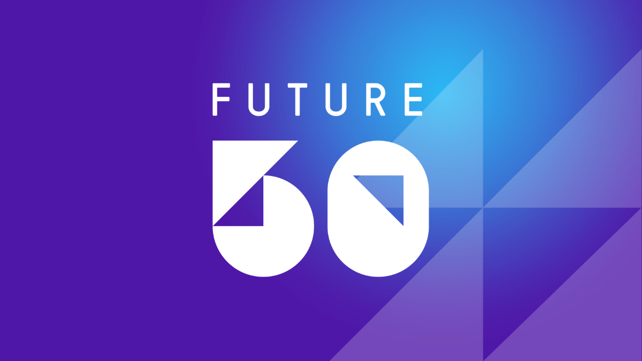 Dark purple background with white PMI Future 50 logo